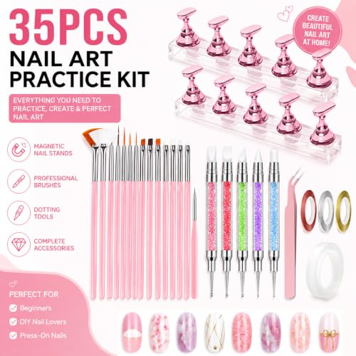 HAIY 35Pcs Nail Art Practice Kit with Magnetic Nail Stands & Dotting Pens - Style A