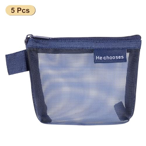 uxcell Dark Blue Mini Zipper Mesh Makeup Bag 3" x 5" - 5Pcs