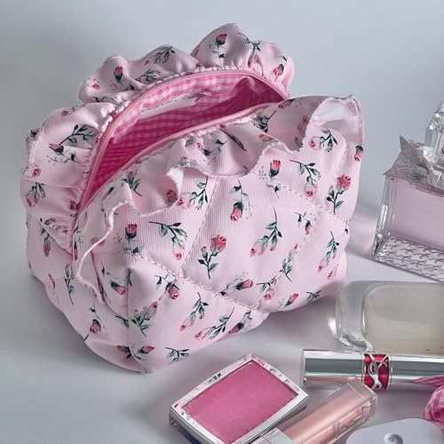 Pink Quilted Rose Makeup Bag Set of 2 - Travel Cosmetic Organizer for Women & Teens
