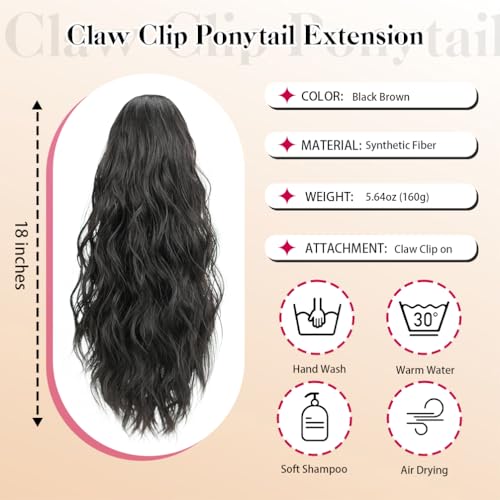 18 Inch Black Brown Curly Wavy Ponytail Extension Clip-In
