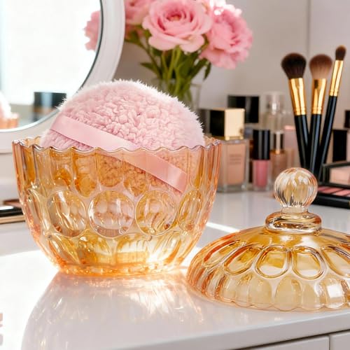 KANPURA 6-Inch Oversize Body Powder Puff with Elegant Amber Glass Container