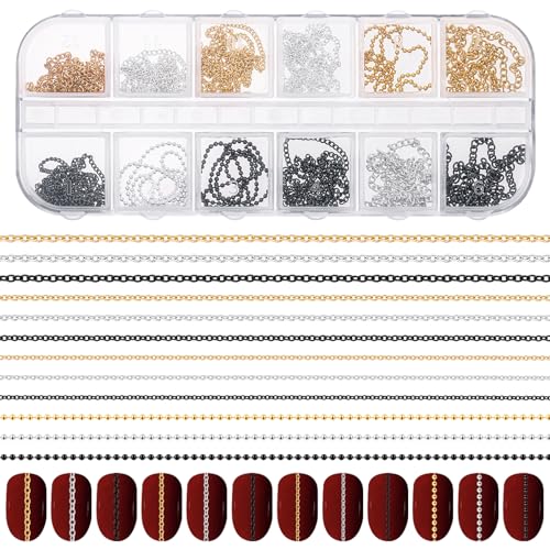 Metal Nail Art Chains Set - 12 Strips in Gold, Silver, Dark Gray