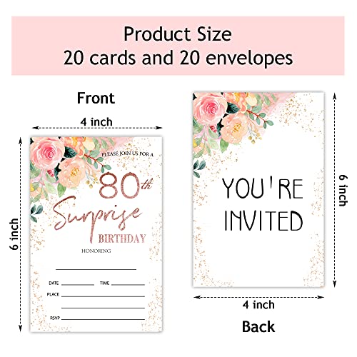 80th Birthday Party Invitations - Floral Pink Theme, Set of 20