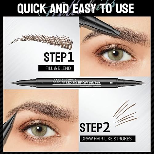 NinjaTiger Waterproof 2-Pack Eyebrow Pencil Set - Dark Brown & Black Brown, 2-in-1 Microblading Brow Pen for Women