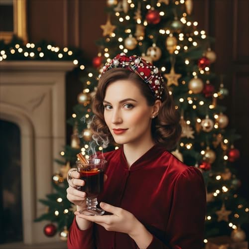 Villorem Red Buffalo Plaid Christmas Headband with Pearls & Rhinestones - One Size, 2 Pack