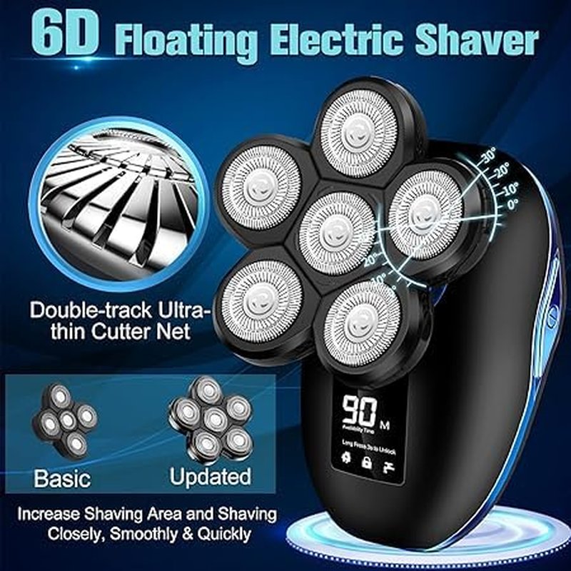 Head Shaver for Bald Men, 6-in-1 Electric Shaver for Bald Head 6D Wet/Dry Waterproof Mens Electric Razor Head Shavers Mens Grooming Kit Cordless Rechargeable Face Head Shaving Rotary Shaver