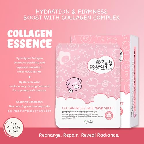 esfolio Collagen Essence Sheet Mask - Hydrating & Firming Facial Mask for Glowing Skin - Anti-Aging Korean Skincare - Pack of 10