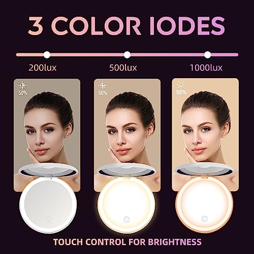 CORROY White 1x/2x LED Travel Makeup Mirror Compact with Light, Dimmable & Rechargeable, Pocket Size for Handbags & Gifts