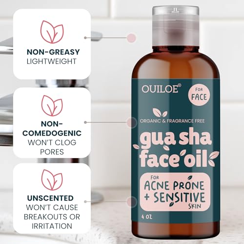 Ouiloe Gua Sha Facial Oil for Sensitive & Acne-Prone Skin, Non-Greasy, Fragrance-Free