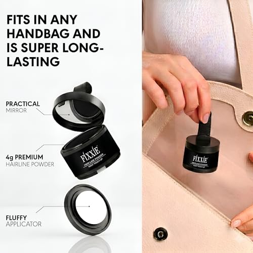 FIXXIE Black Hairline Powder - Root Touch Up, Windproof & Sweatproof Concealer with Mirror & Puff