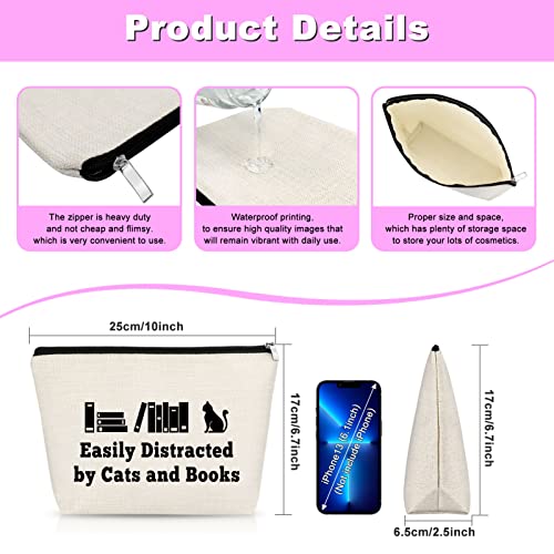 Easily Distracted by Cats and Books Makeup Bag - Cat & Book Lover Gift, Travel Cosmetic Pouch for Women