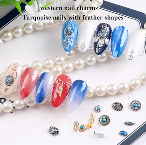 50 PCS Western Turquoise Nail Charms - 3D Cowboy Metal Nail Art Gems