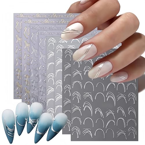 WEIXIWUYU French Line Nail Stickers 8 Sheets Metallic Self-Adhesive Nail Art for Women & Girls - French Lines