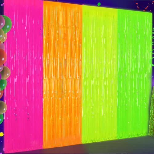 Glow in The Dark Tinsel Curtains - 4 Pack Neon Party Backdrop 3.3 x 6.6 Ft