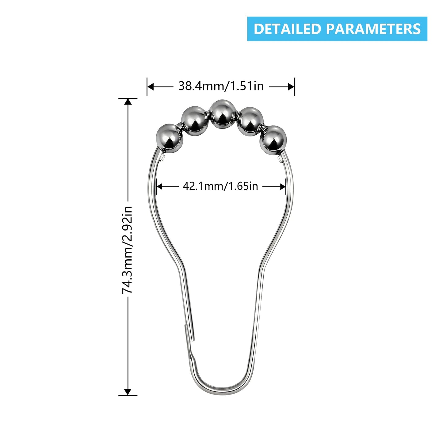 Shower Curtain Hooks Rust Proof Stainless Steel - Set of 13 Silver Shower Curtain Rings for Bathroom Rods, Heavy Duty Metal Gliding Hangers, Decorative Polished Finish for Curtains & Liners