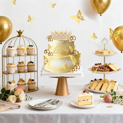 Gold Crown Happy Birthday Cake Topper Set with Butterflies & Candles