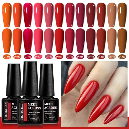 MEET ACROSS 12PCS Gel Nail Polish Set - 3 Fl Oz, Trendy Colors, Long-Lasting, Gift Box