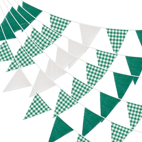 G2PLUS Green and White Gingham Bunting Banner - 32Ft Cotton Party Garland