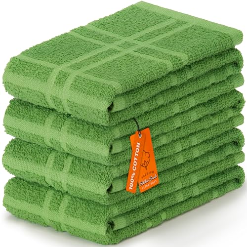 Large 100% Cotton Kitchen Towels - Absorbent Plaid Rags, 15x25 inches, Green