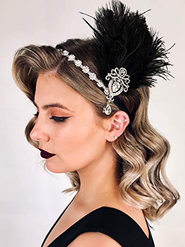 SWEETV 1920s Flapper Headpiece, Black Ostrich Feather Gatsby Hair Accessory