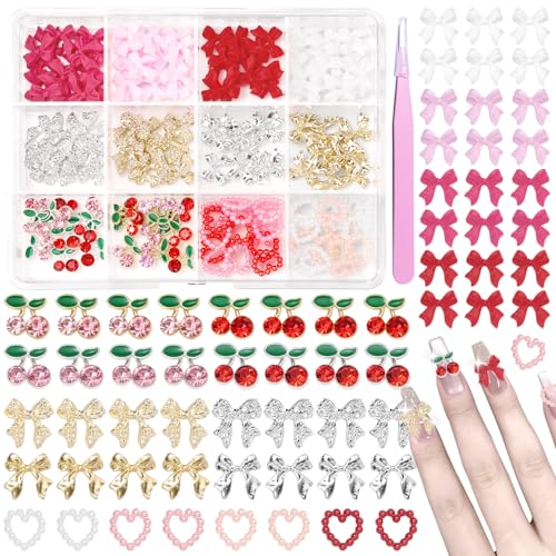 Pink 3D Nail Gems Charms Y2K Bow Cherry Nail Art Charms – 60pc Set