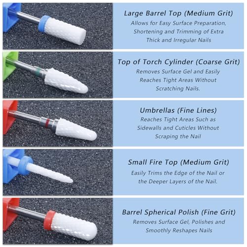 OXDFK 5pc Ceramic Nail Drill Bit Set 3/32" Shank for Gel, Acrylic & Nail Polish Removal