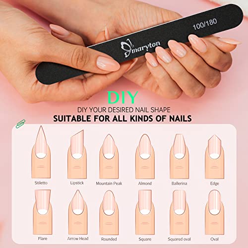 Maryton 100/180 Grit Nail Files - Professional 12 PCS Set for Acrylic & Natural Nails
