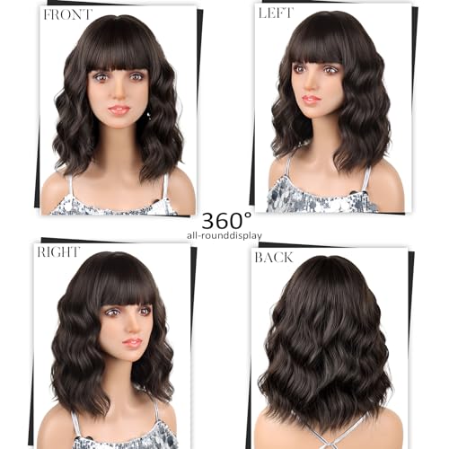 Lumitressa Brown Wavy Bob Wig with Bangs - 14 Inch Shoulder Length Synthetic Hair for Women