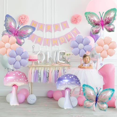 Butterfly, Mushroom & Daisy Balloons Set for Girls' Birthday Party