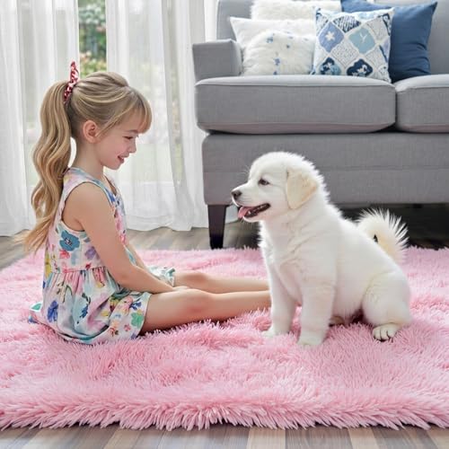 Soft Plush Pink Shag Area Rug, 2x3 Non-Slip Bedroom Carpet