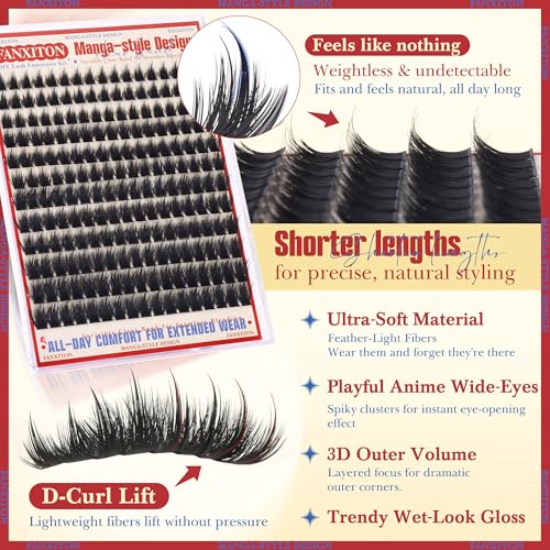 FANXITON Anime Lash Clusters 8-14mm, 204pcs DIY Wispy Extensions