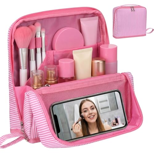 Pink Striped Standup Travel Makeup Bag Folding Cosmetic Pouch – SilTriangle, variant Pink
