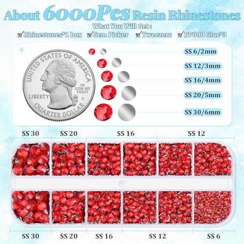 BELLEBOOST 6000pcs Red Rhinestones Bedazzling Kit with 12 Grid Sizes, Tweezers & Glue