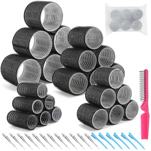 HAKINBOT 43PCS Heatless Hair Curlers Set for Thick Long Hair – Black, 4 Sizes with Clips & Comb