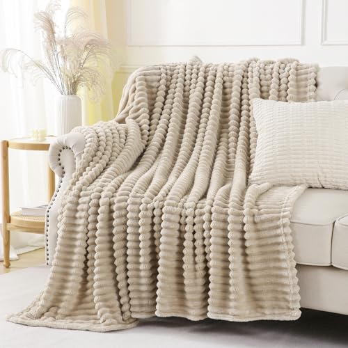 Khaki Striped Throw Blanket - Soft Plush Fleece 50x60 Inches