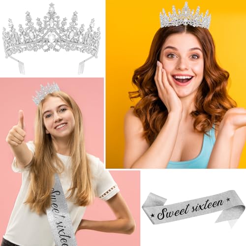Sweet 16 Birthday Sash and Tiara Set - Crystal Crown for 16th Party