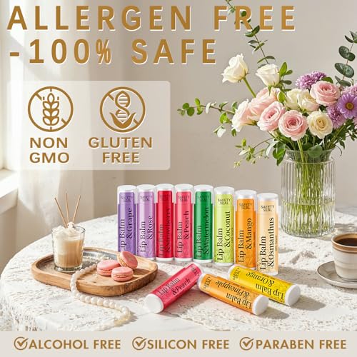 RBUGR Natural Lip Balm Bulk Set - 64 Pack, 12 Flavors for Dry Lips