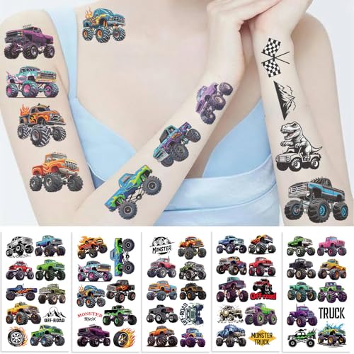 Monster Truck Temporary Tattoos for Kids - 10 Sheets Party Favors & Decorations