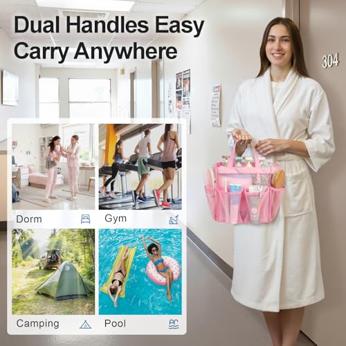 Portable Mesh Shower Caddy with 8 Pockets - Quick-Dry & Dual Handles, Ideal for Dorms & Travel, Pink
