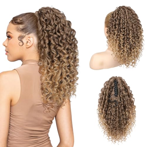 REECHO Curly Clip-in Ponytail Extension 18 Inch Dark Ash Blonde with Golden Ends