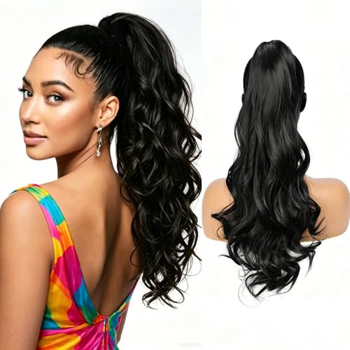 HEVAYO KISS Black 20 Inch Curly Wavy Ponytail Extension for Long Hair 1B