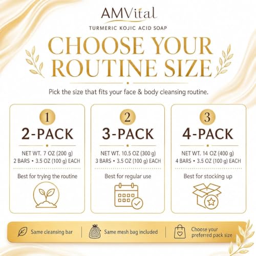 AMVital Turmeric Kojic Acid Soap Bars - 3.5 oz, 4-Pack for Face & Body
