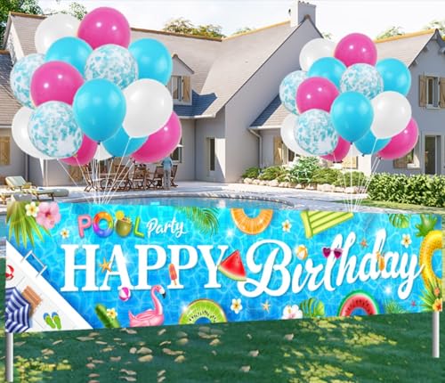 Hawaiian Happy Birthday Pool Party Banner with 30 Balloons - 9.8ft
