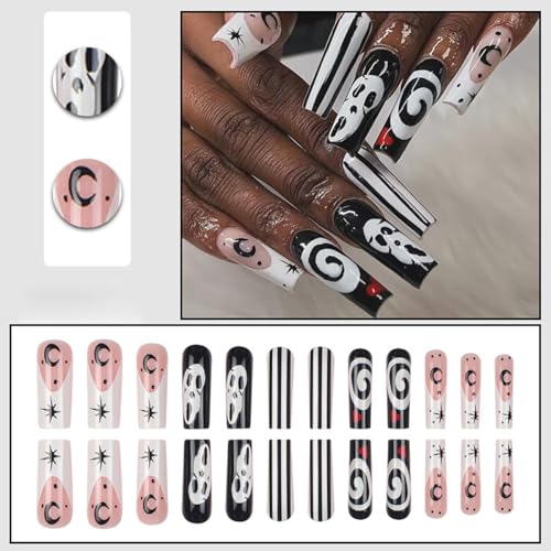 Halloween Nails Set - 24 Long Square Fake Nail Tips with Ghost & Moon Designs - Variation 5
