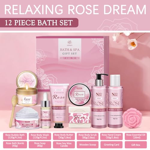EIRNAY 12-Piece Rose Scented Spa Gift Set for Women - Self Care Bath Kit