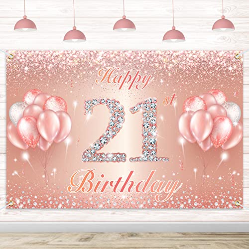 Happy 21st Birthday Banner Backdrop - Rose Gold 4x6ft Party Decor
