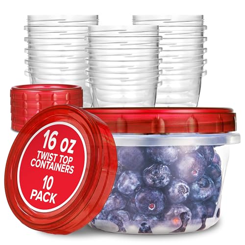 16oz Airtight Plastic Food Storage Containers - 10 Pack with Red Lids