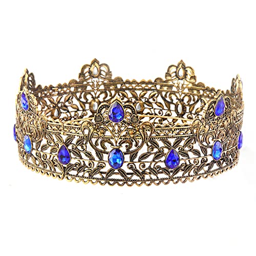 Dark Gold Blue Stone Men's Crown - King Crown for Parties & Events