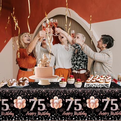3 Pack Rose Gold 75th Birthday Tablecloths - Disposable Rectangular Covers