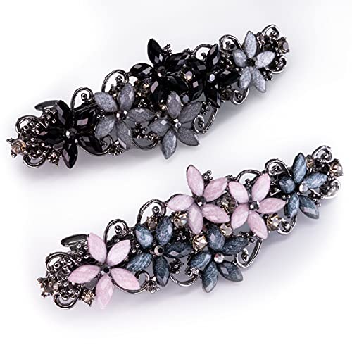 Elegant Rhinestone Hair Clips for Women - Pink & Dark Blue/Black & Gray Flowers
